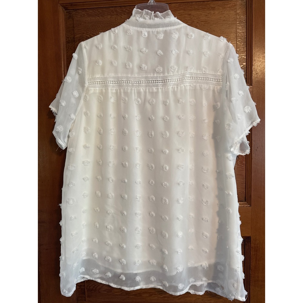 White XL Women's Swiss Dot Ruffle Neck Short Sleeve Boho Lined Sheer Blouse Top - Picture 3 of 3